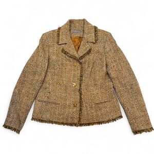 Kate Hill Wool Blend Tweed Blazer Jacket Fringe Trim Size 14 Olive Green Blue